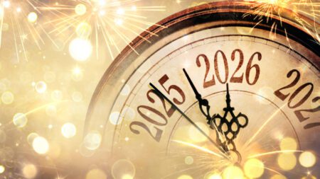 2026 new year clock and fireworks