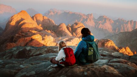 Family hiking on vacation Mount Sinai Egypt