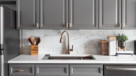 Kitchen remodel gray cabinets marble countertops