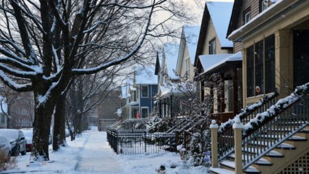 Residential Chicago neighborhood winter snow