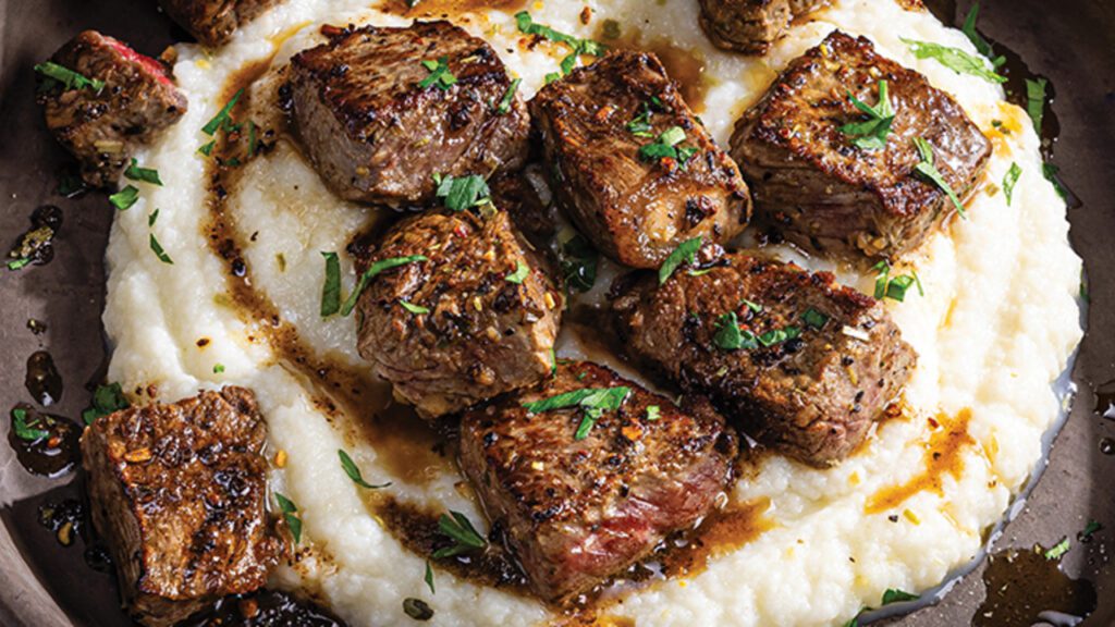 Garlicky Steak Bites With Cauliflower Mash
