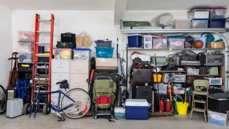 Garage Storage Shelves With Vintage Objects and Equipment