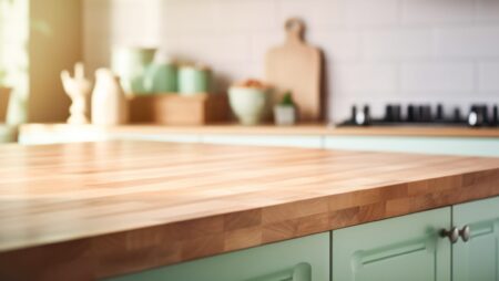 Wooden empty countertop in modern light green kitchen, kitchen panel in interior. Template showcase scene for advertising products