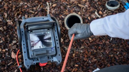 Technician runs inspection camera sewer scope down drain