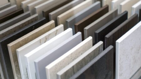 Close up of stone ktichen countertop samples