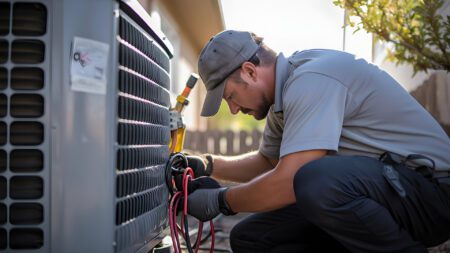 HVAC repair worker heat pump maintenance