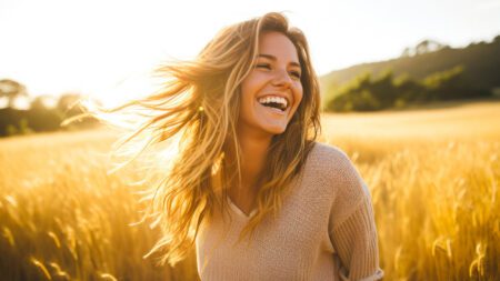 Happy woman standing in field