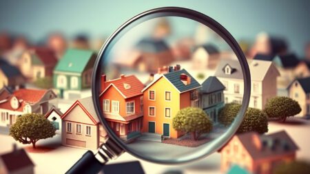 Little houses in magnifying glass real estate