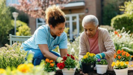 Nurse with senior woman planting flowers