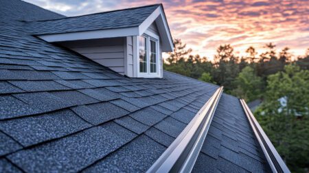 Roof on luxury home at sunset