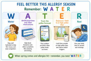 Water, Antihistamines, Track pollen forecast, Exposure, Rest