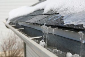 Winter ice on roof and gutters