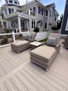 Designer Draperies lounge chairs chaise on dock