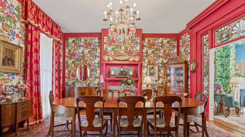Red dining room Cabin Creek Interiors