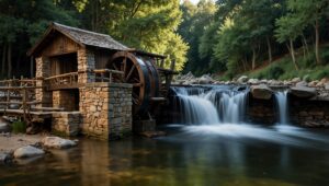 A waterwheel turning with rich waters.