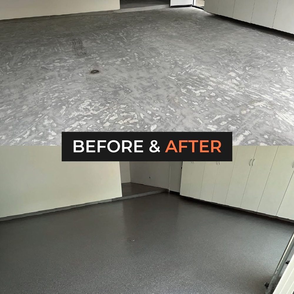 Flooring before and after JAK Concrete Coatings Inc.