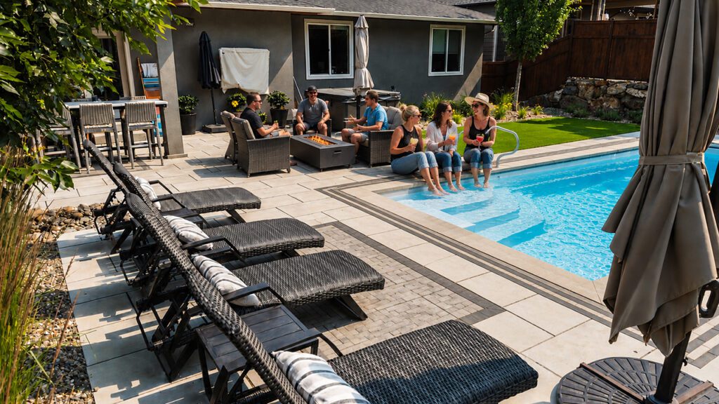 Friends together on outdoor patio and pool Nokomis Landscaping
