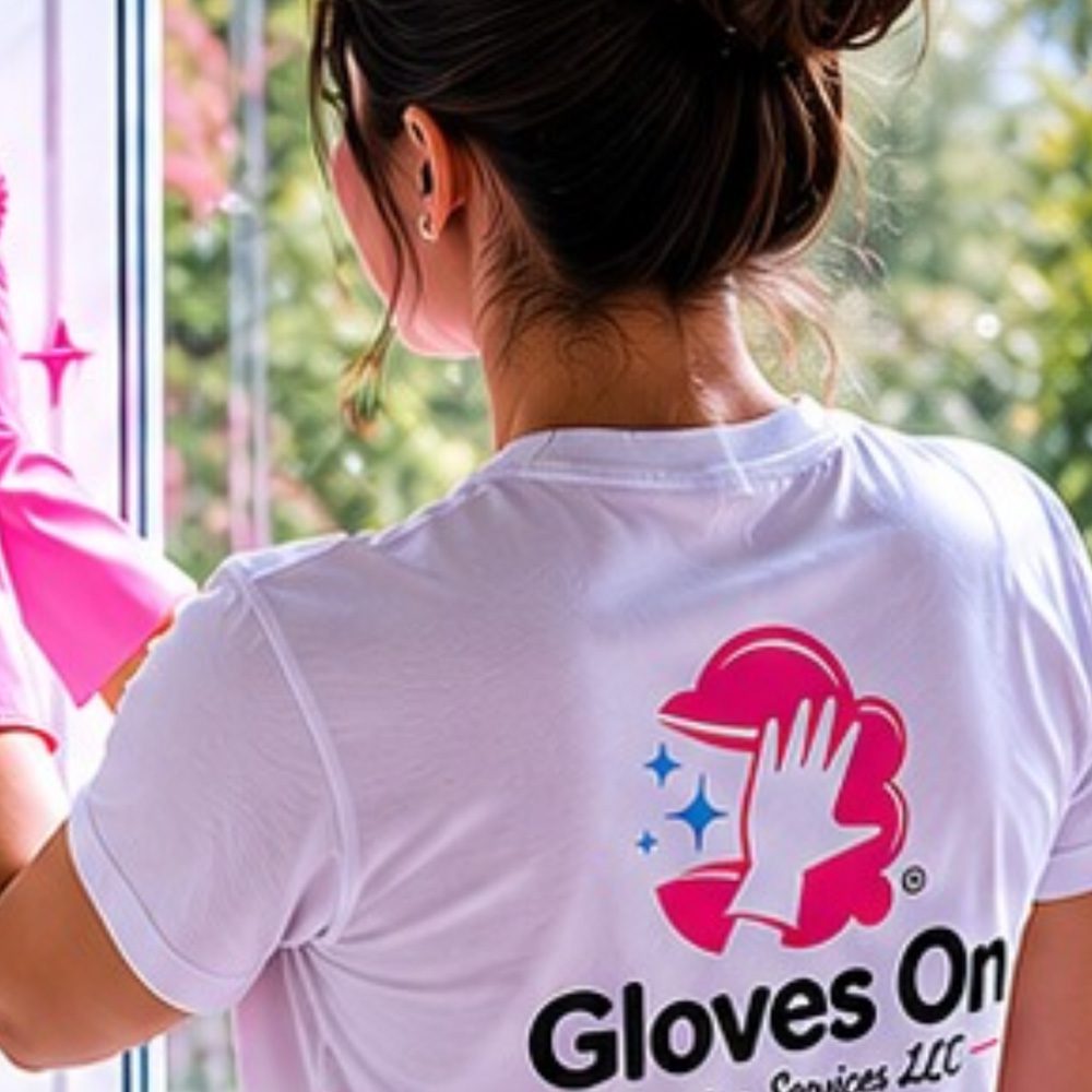 Woman cleaning window Gloves on Cleaning Services